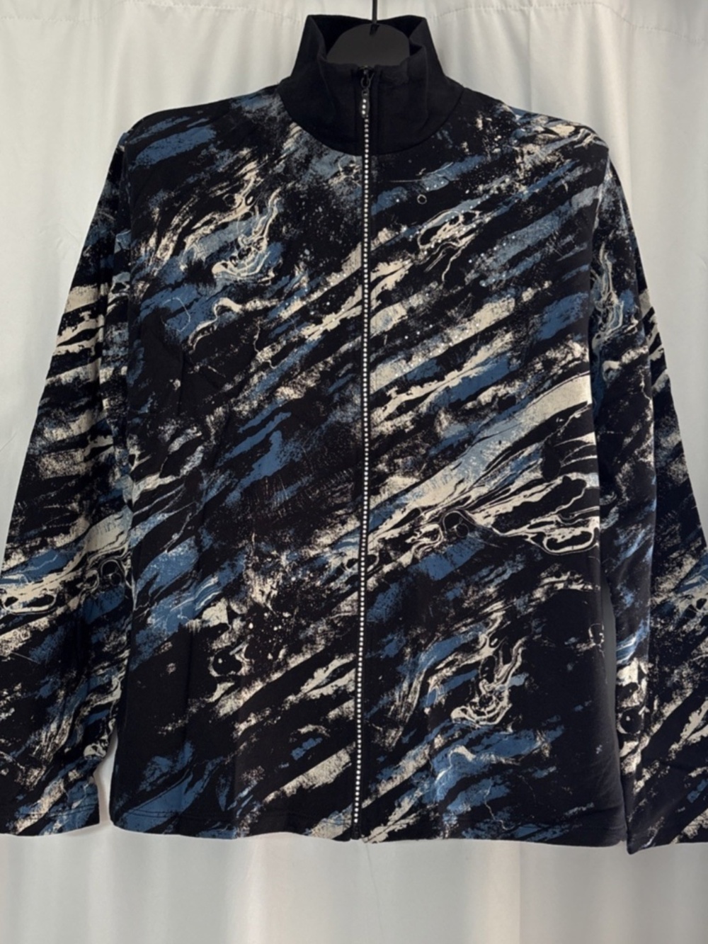 JESS & JANE Size XL Blue Wave Black White Blue Crystal Artsy Zip Jacket Cotton